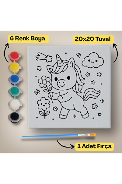 hediye hobim 20x20 Çocuklar İçin Boyama Tuvali Seti – 6 Renk Boya + Fırça Dah...