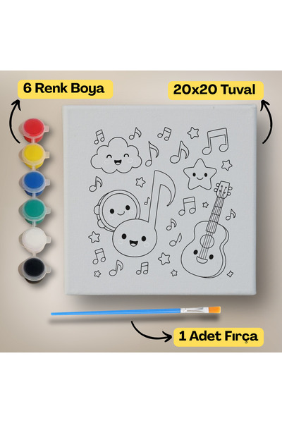 hediye hobim 20x20 Çocuklar İçin Boyama Tuvali Seti – 6 Renk Boya + Fırça Dah...