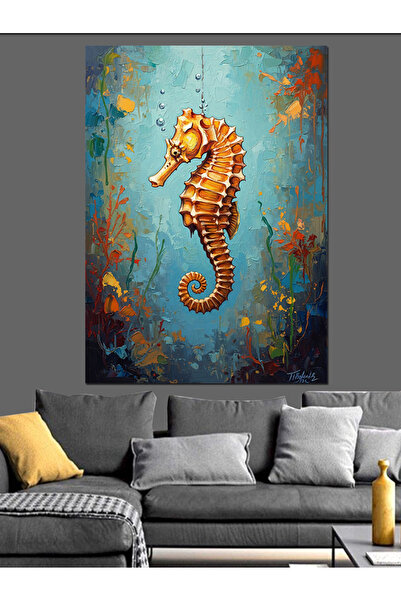 Artmeg Pictură decorativă pe pânză cu tematică cal de mare în tonuri de albas...
