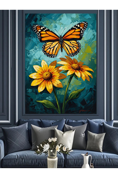 Artmeg Pânză decorativă cu fluture rege portocaliu pe floarea-soarelui - Tabl...