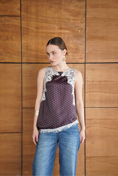 Lady Pixie Lace Detailed Polka Dot Satin T-Shirt