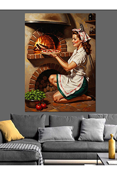Artmeg Femeie retro care face pizza în bucătărie - Pânză decorativă - Masă di...