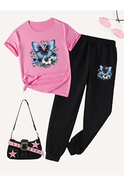 Rayan & Hoor Style Kelebek Printed tracksuit bottoms and t-shirt bottom top t...