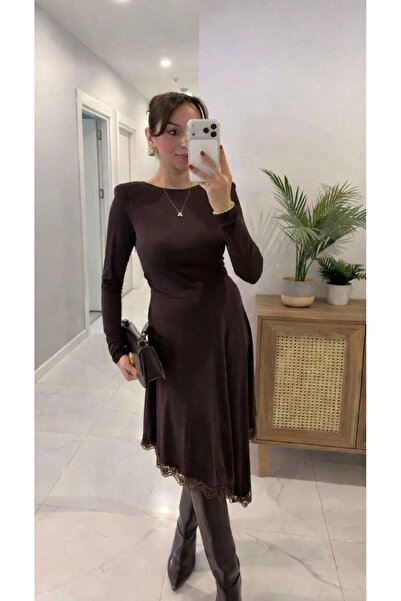 MAESTRO WOMAN Γυναικείο καφέ φόρεμα με δαντέλα και λεπτομέρειες, ασύμμετρο, ε...