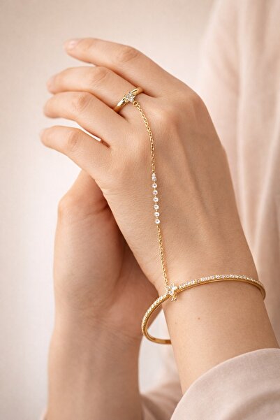 SUZEN AKSESUAR Altın Renkli Taşlı Yüzüklü Ve Taşlı Kelepçe Bileklikli Şahmeran