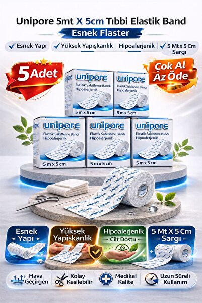 Unipore 5 ADET 5mt X 5cm Tıbbi Elastik Band Esnek Flaster
