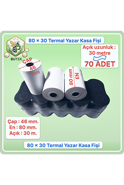 80x30; 70 Adet Rulo; Termal Yazar Kasa Pos Rulosu, Yazar Kasa Fişi