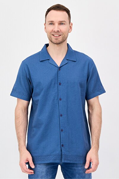 Threadbare Men Regular Fit Short Sleeve Embroidered Casual Shirt, Slate Blue