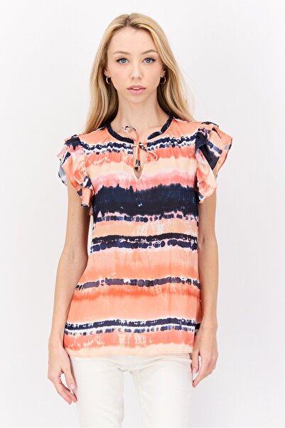 H by Halston Women Tie Neck Ruffle Sleeves Tie-Dye Top, Navy