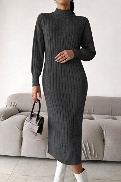 Sea Style Half Turtleneck Fit Cut Long Knit Dress