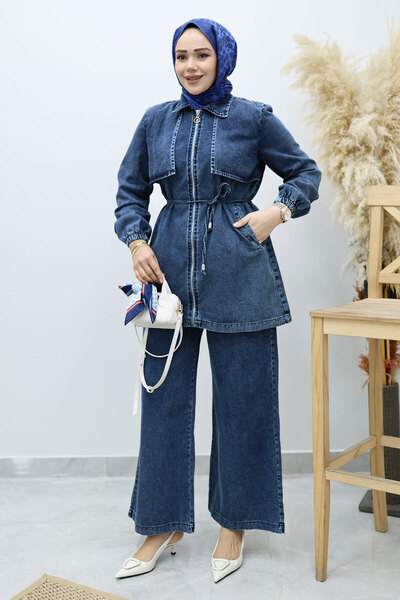 Tesettür Dünyası Double Denim Suit with Front Flap Tsd260130 Blue