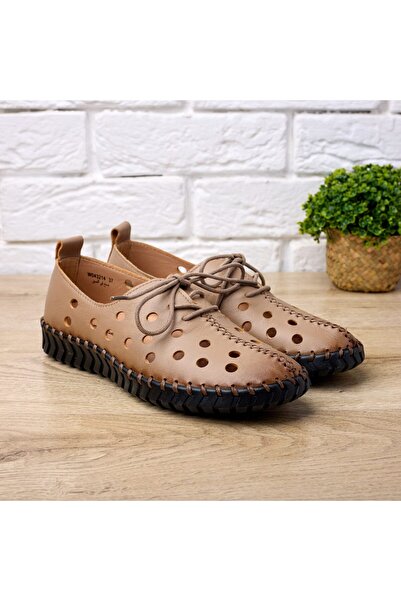 Tellus Women's Beige Genuine Leather Casual Perforated Flat Shoes, Lace-Up, W...