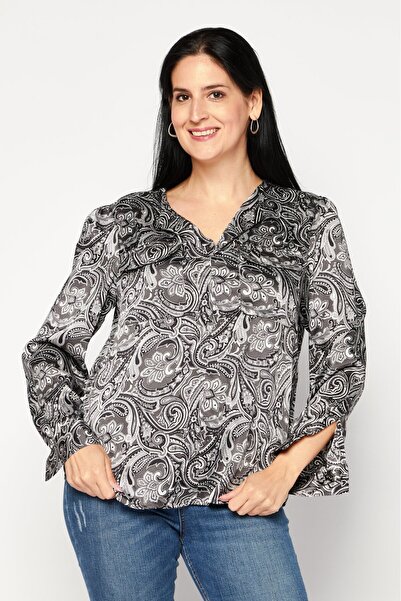 Jones of New York Women V Neck Long Sleeve Allover Print, Black