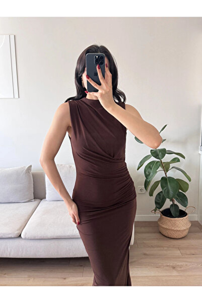 Zoom Butik Dik Yaka Drapeli Elbise - KAHVE