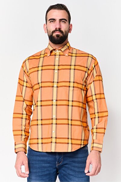 Gant Men Regular Fit Plaid Long Sleeve Casual Shirt, Orange