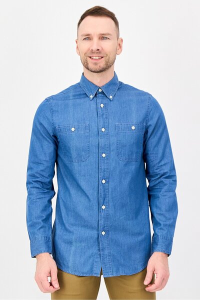 Chaps Men Regular Fit Washed Long Sleeves Casual Shirt, Blue