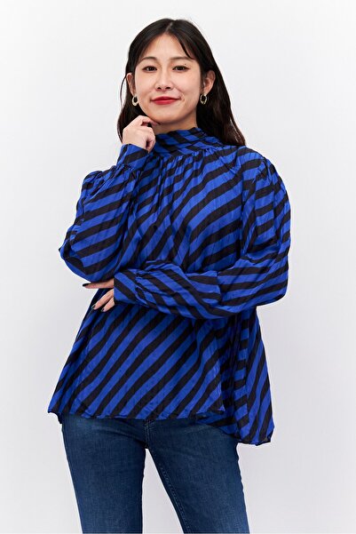 Tommy Hilfiger Women Tie Neck Long Sleeves Stripe Blouse, Blue/Black