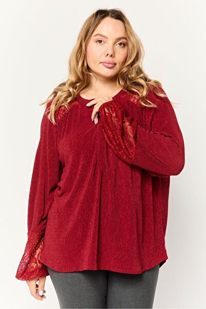 Cable&Gauge بلوزة نسائية بأكمام طويلة وفتحة رقبة ذو ملمس بارز ، باللون الأحمر