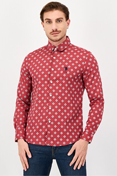 U.S. Polo Assn. Men Regular Fit Allover Print Long Sleeve Casual Shirt, Rust