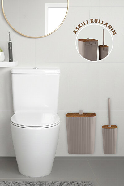 Store HGY Home Yapışkanlı Ahşap Detaylı Wc Fırçalık ve Çöp Kovası Safir Vizon...