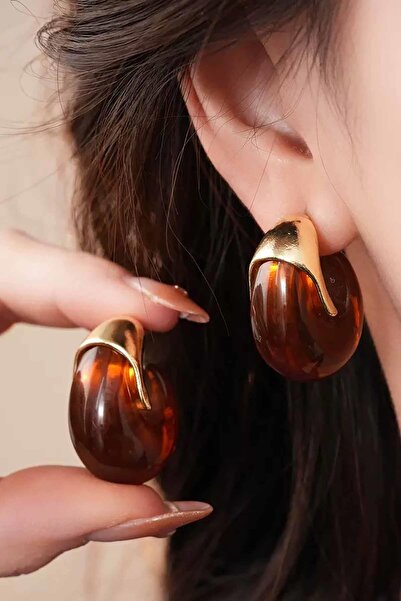 TAKIŞTIR Kahve Renk 14K Altın Kaplama Küpe (Çift)