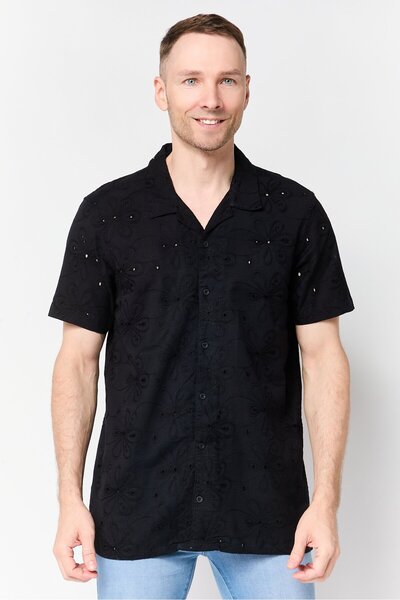 Threadbare Men Regular Fit Embroidered Short Sleeve Casual Shirt, Black
