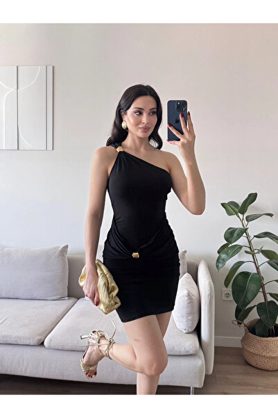 Zoom Butik Aksesuarlı Tek Omuz Elbise -SİYAH