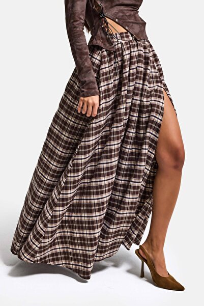 it's basic Women's Brown Plaid S6-14 Maxi Length Slit Detailed Cotton Cotton ...