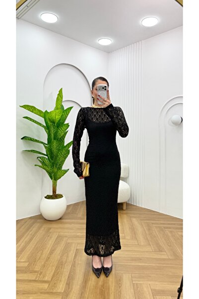 R-Style Dantelli Likralı Astarlı Uzun Elbise