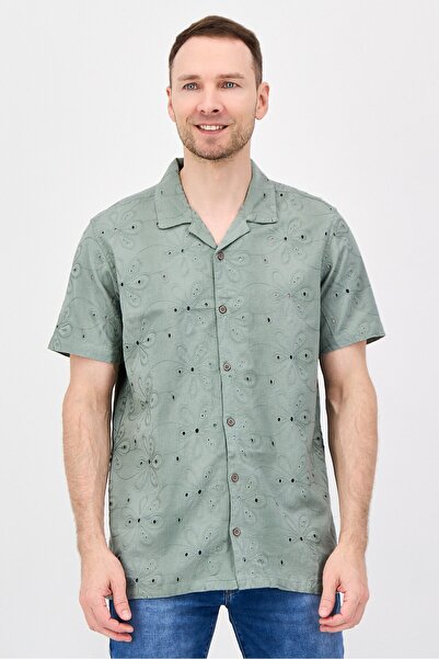Threadbare Men Regular Fit Embroidered Short Sleeve Casual Shirt, Sage Green