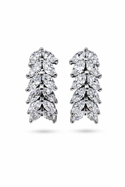 VİYA Işıltılı Yaprak Formu Rodyum Kaplama Zirkon Taşlı Kelepçe Küpe – Gelin &...