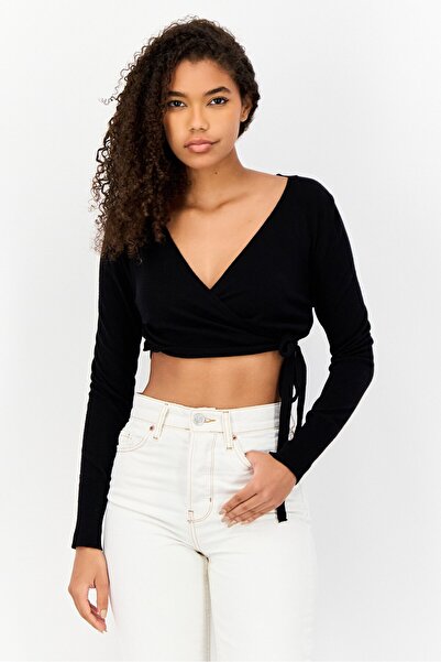 Don't Call Me Jennyfer Women Surplice neck Long Sleeve Solid Crop Top, Black