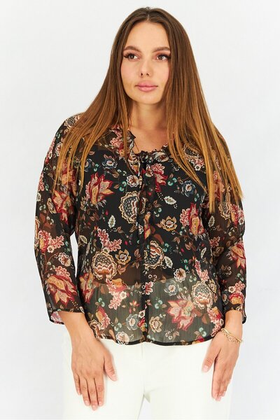 ONE STEP Women Tie Neck Long Sleeve Allover Print Top, Black Combo