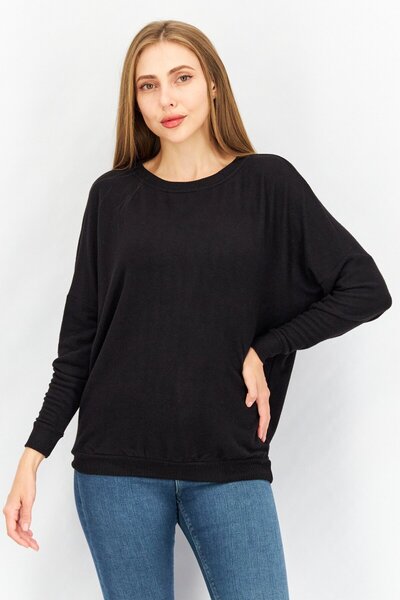 Joie Women Round Neck Long Sleeve Plain Top, Black