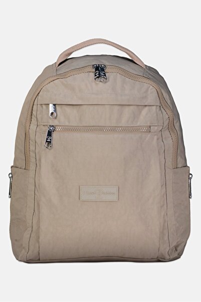 I Love Fashion Women Brand Logo Backpack, Taupe