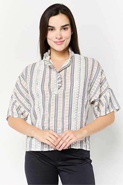 SANDRO Women V-Neck Short Sleeve Yarn Dye Patten Blouse, Multicolor