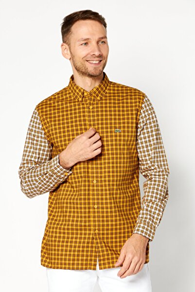 Lacoste Men Regular Fit Checkered Long Sleeve Casual Shirts, Mustard Combo