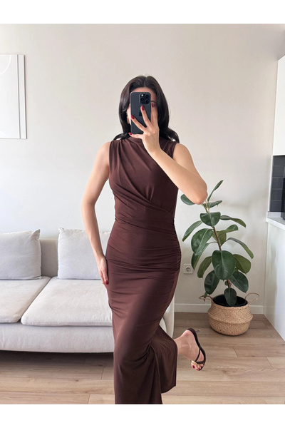 Zoom Butik Dik Yaka Drapeli Elbise - KAHVE