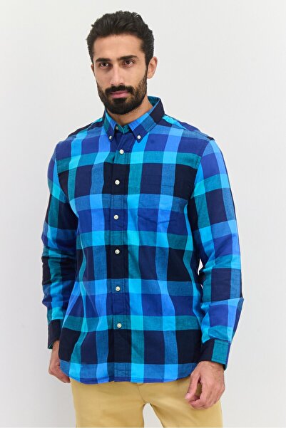 Chaps Men Regular Fit Long Sleeve Checkered Casual Shirt, Blue