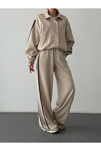 Quzu Striped Detail High Waist Wide-Leg Pants