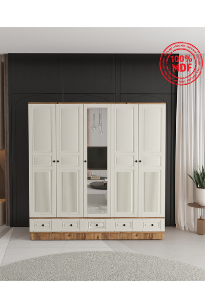 Teen & Bright NİL 5 KAPAKLI ÇEKMECELİ BAZALI GARDIROP - TAMAMI MDF