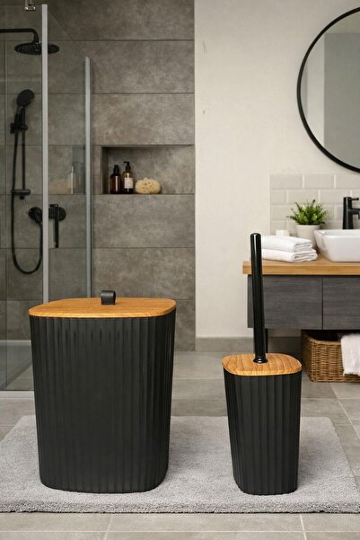 Okyanus Home Sapphire Adhesive Wooden Detailed Wc Brush Holder and Trash Can ...