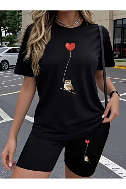 WOODROFFE طقم تي شيرت نسائي مطبوع كبير الحجم، طقم كومبليت فضفاض، بوي فريند