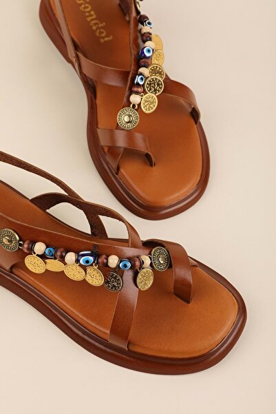 Gondol Genuine Leather Vaketa Flip Flops with Decorations Sandals Crm.305 Tan