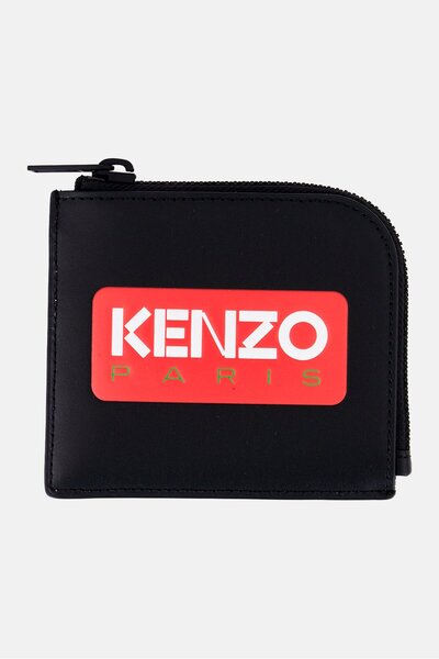 Kenzo Men Leather Brand Logo Mini Zipper Wallet, Black