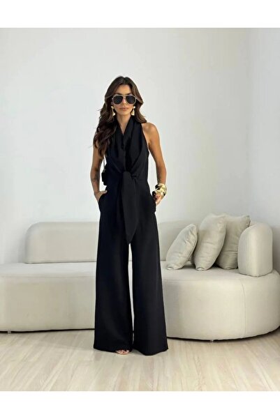 Butikcadde İthal Hürrem Kumaş Bağlama Detay Tulum Siyah