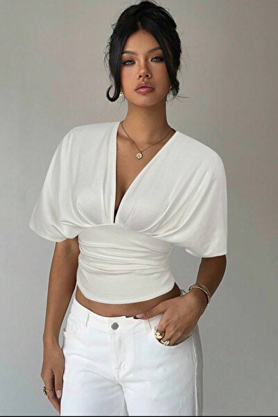 Edela V-Neck Sleeves Loose Fitting Waist Short-Sleeved Stretchy Women's Blouse