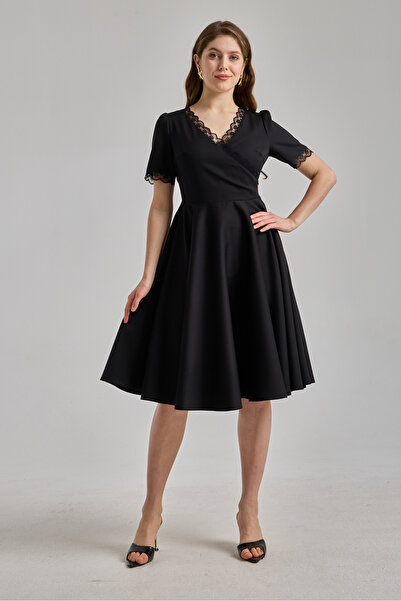 MAG FASHİON Short Sleeve Black Plus Size Evening Dress with Flared Skirt Lace...