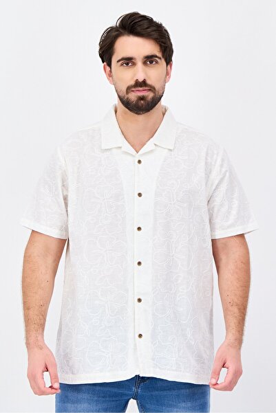 Threadbare Men Regular Fit Embroidered Short Sleeve Causal Shirt, White