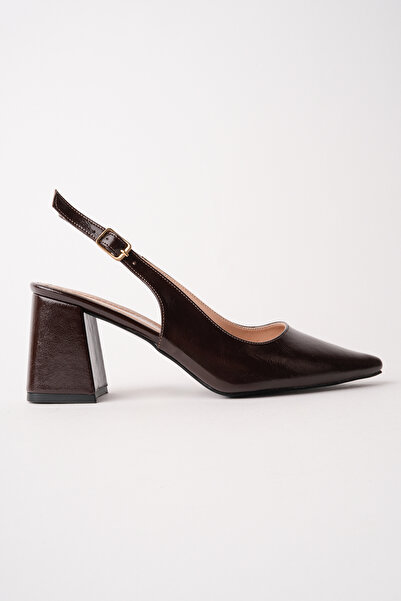 ALFHA Women's Brown Patent Leather Slingback Pointed Toe Thick Heeled Stylish...